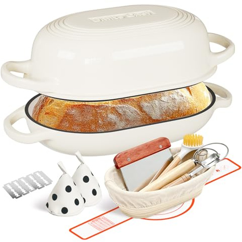 Enameled Cast Iron Dutch Oven for Bread Baking - incl. Sourdough Bread-Baking Supplies like Banneton Bread-Proofing Basket - 5QT Loaf Cast Iron Bread Oven Pan& Meatloaf Pan with Lid, Sour Sough Tools, Lame (Cream White）