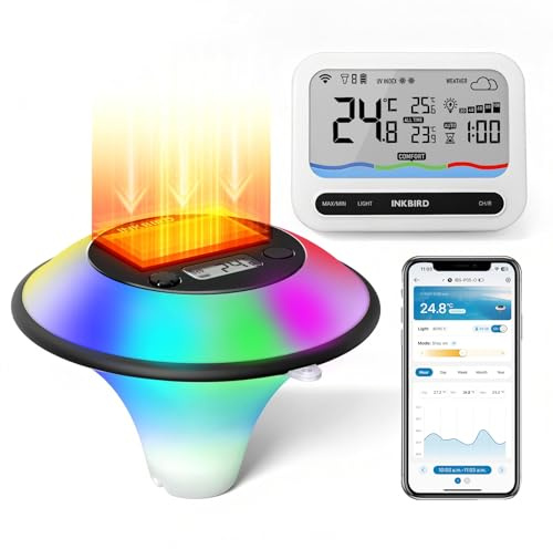 Inkbird IBS-P05R-W Wifi Soldriven Pooltermometer med Stämningsljus | Termometer med UV-index, Väderförhållanden, App-kontroll, för simbassänger, babybadkar, dammar, varmvattenpool, spa