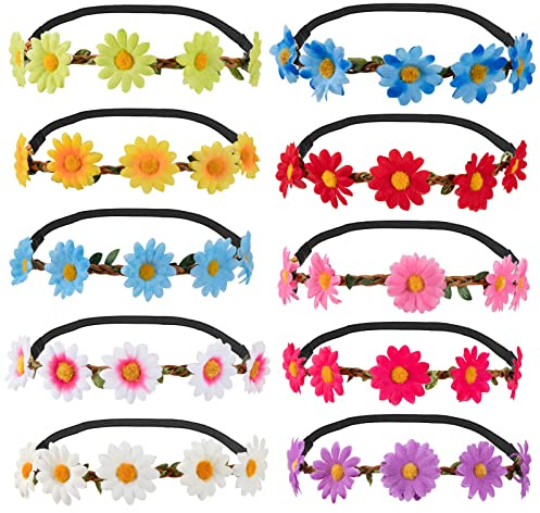 Diadema de Flores 10 Piezas Multicolor Corona de Flores Bohemia Ajustable para Mujer Niña Fiesta Playa Festival Boda Fotografía Decoración Margarita Guirnalda Floral