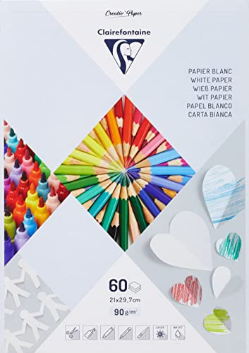 Clairefontaine 97241C - Bloc de 60 Feuilles de Papier Blanc - Format A4 (21x29,7cm) - Papier 90g/m² pour Bricolage et Dessins - Loisirs Créatifs Enfants et Adultes