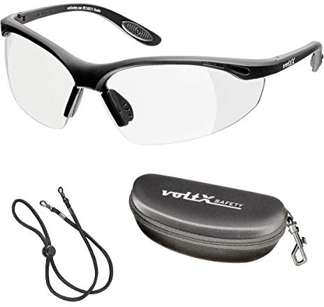 voltX 'Constructor' (TRANSPARENTES dioptría +2,00) Gafas de Seguridad con aumento total de lente (no bifocal), incluye cordón con tope regulable y funda rígida + Lente UV400 con recubrimiento antivaho