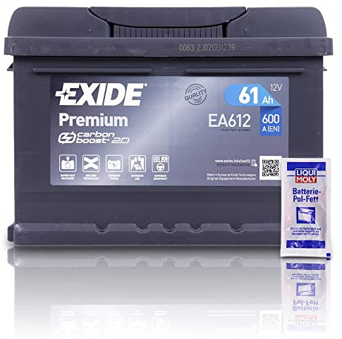 EXIDE EA612 Premium Carbon Boost Autobatterie 12V 61Ah 600A Starterbatterie PKW KFZ Batterie - Ersetzt 55Ah 56Ah 58Ah + 1x BATTERIEPOLFETT