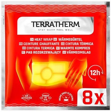 Terratherm Wärmegürtel - 12h wohlige Tiefenwärme, Wärmepflaster, Wärmepads für Rücken, Rückenwärmer - Nierenwärmer luftaktiviert - Größe S-XL, 8 Stück
