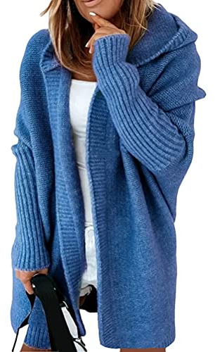 Onsoyours Femme Hiver Cardigan Long Tricot Veste Ouvert Épais Manches Longues Pull Gilet Chaud Capuche Manteau Sweater Chandail Outwear Bleu XL