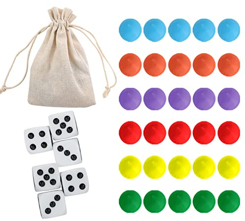 COMSREV 30 Wahoo Board Game Replacement Marbles 5 Each of 6 Colors, 6 Dice and a Play Bag for Wahoo Board Game.(0.55 inches)