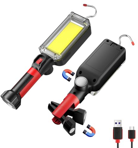 Rechargeable COB LED Work Light - Magnetic Hands-Free Trouble Light with 360° Rotating Hook, IPX4 Waterproof Drop Light for Garage Repair, Emergency, Tool Gifts for Men