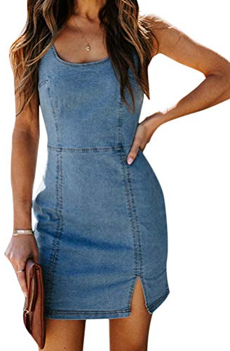 ORANDESIGNE Femme Été Sexy Col V Denim Robe Cocktail Bodycon sans Manche Minirobe Mode Jeans Court Dress A05-S
