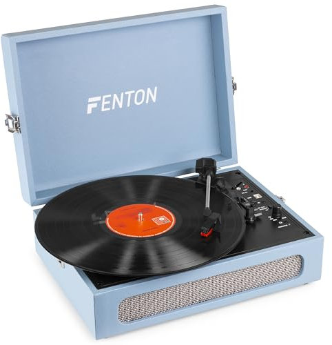 Fenton RP118E Tocadiscos Maleta Vintage Azul con Altavoz Estéreo, Bluetooth, USB, Conversor MP3, Salida Jack Auriculares y 3 Velocidades - Reproductor de Vinilo Portátil Retro Estilo Compacto