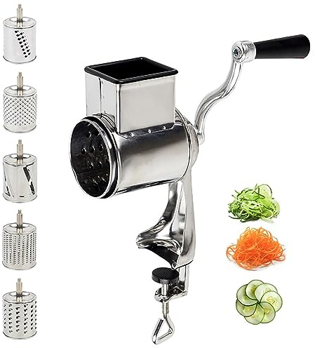 DOONARCES 5-in-1 Rotary Cheese Grater Hand Drum Slicer Manual Cheese Shredder Multi-function Stainless Steel Vegetable Chopper Cutter with 5 Blades for Fruit Potato Cucumber Lemon Nut, Silver (Type2)