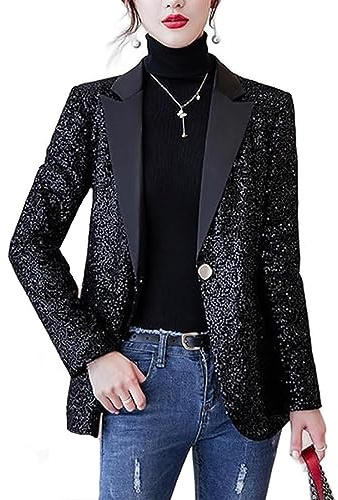 Giacca da Smoking da Donna Tinta Unita Casual Manica Lunga Bavero Giacca con Bottoni Moda Giacca con Paillettes da Donna Cappotto Casual da Lavoro (Nero,XXL)