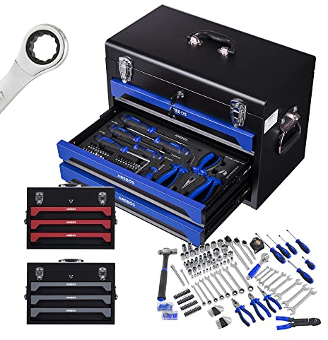 Arebos Werkzeugkoffer inkl. 172-tlg. Werkzeugset aus Chrom Vanadium Steckschlüssel Set | für Haushalt, Garage & Werkstatt | bestückte Werkzeugbox mit 3 Schubladen | abschließbar | Blau/Schwarz