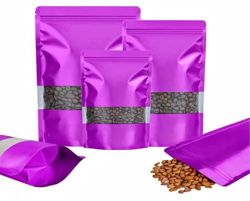 Rimiko 100 Pezzi Sacchetti di Alluminio Autoportante con Finestra, Bustine in Mylar con Zip, Buste Richiudibili per Alimenti (Viola,16x24 cm)