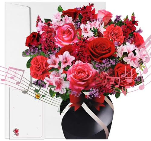 TruePetal Pop Up Blumen Karten, Papier Blumenstrauß 3D Popup Grußkarten, Geburtstagskarte, Jahrestag Karte mit leeren Karte und Umschlag für Frauen (Rose)