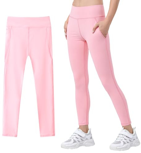 JinBei Leggings Mädchen Sportleggings mit 2 Taschen, Rosa, GR. 134-140