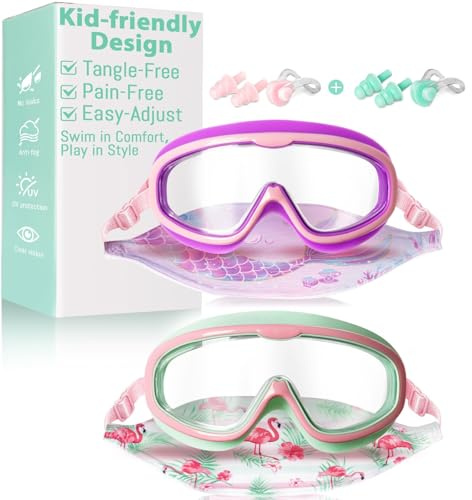 Pixel Panda 2 Pack Kids Swim Goggles with Fabric Strap for 6-14 Wide View Anti-Fog Anti-UV,No Hair Pulling Swimming Goggles Boys Girls Youth Pool Water Protection