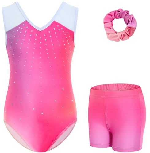 Gogokids Flickor V-ringad gymnastikdräkt 3-delat set, barn paljett gymnastiska trikåer med nät skarvad hals, barn gym trikåer set med shorts och hårband för balett, yoga, uppträdande, ålder 3-12
