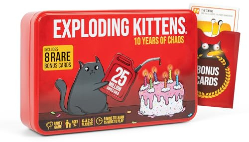Exploding Kittens -10th Anniversary Collectible Tin (Limited Edition) – Updated with 8 Legacy Cards – Hilarious Fast-Paced Card Game for Adults and Kids, Travel Friendly, Ideal for Family Game Night