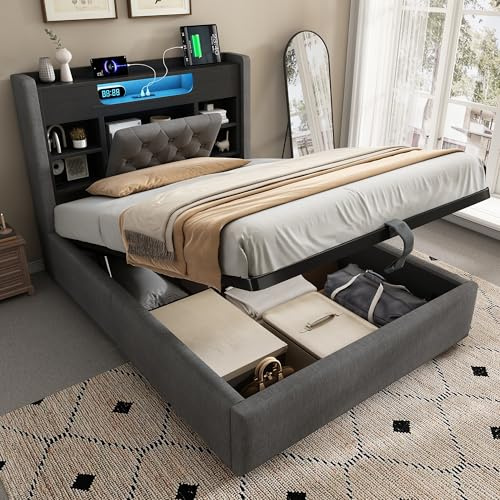 Double Ottoman Bed Frame with Storage, Hydraulic Lift Up Bed with Charging Station & LED Lights, 4ft6 Upholstered Platform Bed Frame with Multifunctional Storage Headboard & Wood Slats, Linen, Grey