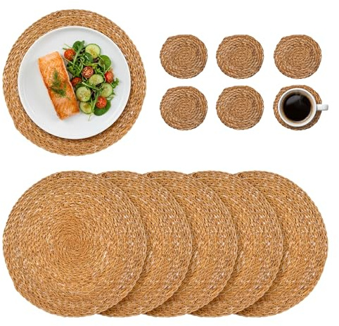Argon Tableware Round Woven Typha Placemats & Coasters Set - 12 Piece Set | 6 x 30cm Placemats, 6 x 10cm Coasters, Handwoven Construction, Heat-Resistant Table Protection, Biodegradable Material