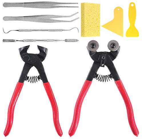 Swpeet 9-teiliges Mosaik-Werkzeug-Set, inklusive robuster Glas-Mosaik-Zange und Fliesenzange, 2 Schaber, 2 Pinzetten, 1 doppelseitiger Haken, 1 Spatel mit 1 Schwamm für Mosaikfliesen