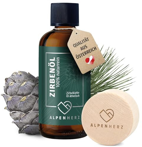 ALPEN HERZ Zirbenöl 100 ml mit Duftstein aus Zirbenholz - 100% naturrein ätherisches Zirbelkieferöl aus Österreich Duftöl Raumduft Duftlampe Zirbenwürfel Diffuser Zirbe Zirbelkiefer Öl