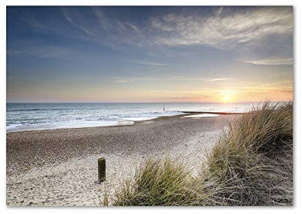 Tulup Impression sur Verre de 100x70 cm Image Tableau Photo décorative panoramique pour la Cuisine et Le Salon - Paysage - Coucher De Soleil Et Dunes - Beige