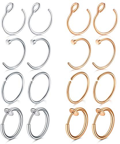 Mayhoop 16Pièces Faux Piercing Nez Piercing Nez Acier Chirurgical avec Diamant Faux Anneau Nez Lèvre Helix Non Piercing Non-Percé Femme Homme Argent Or Rose