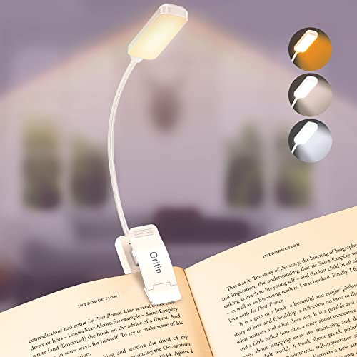 Leselampe Buch Klemme, Gritin Buchlampe mit 9 LEDs, 3 Farbtemperatur Modi, Stufenlose Helligkeit Klemmlampe, USB Wiederaufladbare Klemmleuchte,360° Flexibel für Nachtlesen ins Bett, beim Reisen (Weiß)