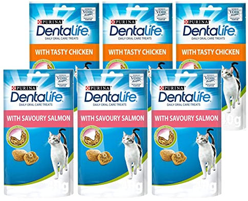 Dentalife Dental Treats for Cats | Bundle of 6 | Chicken 40g x 3 and Salmon 40g x 3