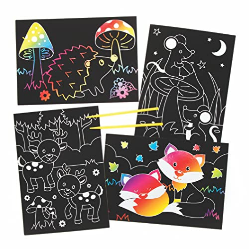 Baker Ross Woodland Animal Scratch Art Pictures - Pack of 8, Rainbow Scratch Art, Children’s Activity Packs, Creative Activities for Kids (FE712)