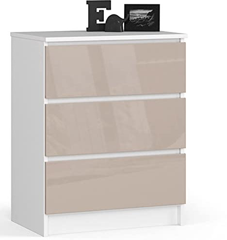 AKORD Kommode K60 mit 3 Schubladen | für das Wohnzimmer Schlafzimmer Schrank Büro Arbeitszimmer | Modernes Funktionales Design | B60 x H77 x T40 cm, Gewicht 25 kgWeiß/Glänzender Cappuccino