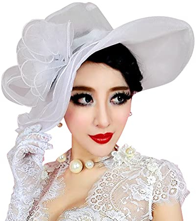 OhMill Femme Chapeau de Soleil à Large Bord Chapeau de Mariage en Gaze Rétro avec Décoration de Fleur Eglise Plage Voyage