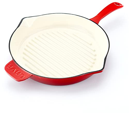 Lava Enameled Cast Iron Ceramic Steak Grill Pan with Side Drip Spouts - 11 inch Round Frying Pan with White Ceramic Enamel Coated Interior - Edition Series (Red)