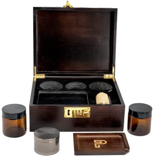 Boîte de rangement avec accessoires pour fumeurs : broyeur, plateau à rouler, 2 pots anti-odeurs + autres accessoires pour fumer - boîte à rouler - boîte à fumer - vendeur britannique