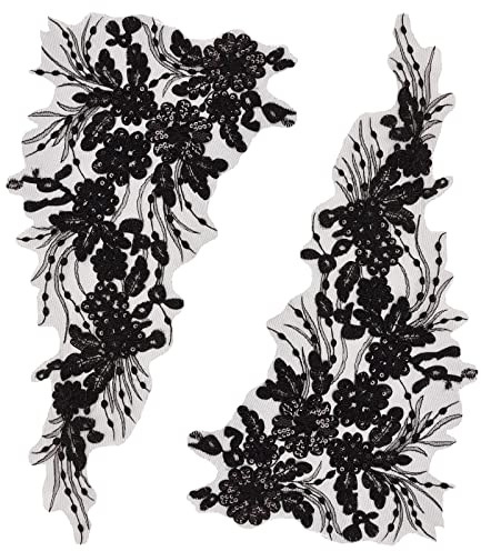GORGECRAFT Tela de Encaje con Bordado de Flores En 3D, Cinta de Lentejuelas Negras, Adorno de Cuentas Bordadas, Apliques Florales, Parches para Coser, Adorno de Costura con Purpurina, Paillette, Boda
