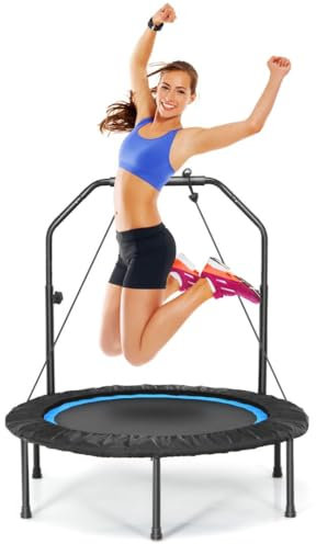 SPOTRAVEL 40 Mini Trampoline, Foldable Fitness Bouncer with 2 Resistance Bands & 4-Level Adjustable Foam Handle, Indoor Outdoor Exercise Rebounder for Kids Adults (Blue + Black)