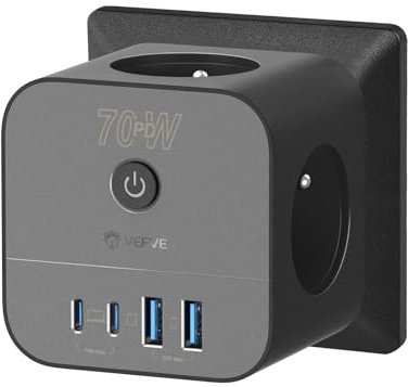 VEFVE Chargeur Rapide USB C 70W, Prise Multiprise Cube 7-en-1 avec Interrupteur, Technologie GaN III, Compatible Ordinateurs Portables, Tablettes et Smartphones