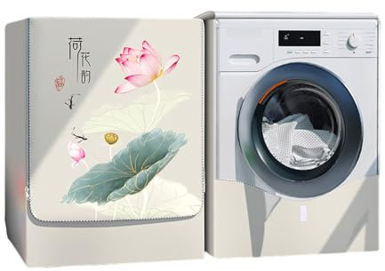 Odot Copri Lavatrice Esterni, Coprilavatrice da Esterno Impermeabile Antipolvere Anti Sunlight, Copertura per Lavatrice e Asciugatrice con Aperture Frontali (Loto Rosa e Bianco,XL (8,5-10kg))