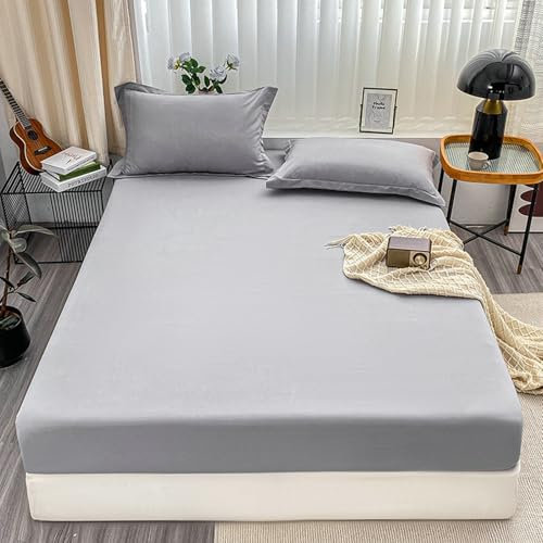 Polyester Spannbettlaken 150x190cm mit 2 Stück Kissenbezug, Bettlaken Einfarbig Hellgrau Spannbetttücher Boxspringbett bis 20cm Höhe