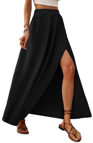 Zeagoo Gonne Lunga Donna Estiva Elegante Gonna Elasticizzata a Vita Alta Gonna A Trapezio Gonne da Spiaggia Skirt con Spacco Nero L