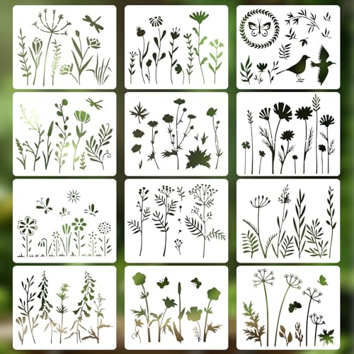 REEKNOKOL stencil 12 Pcs Reusable Flower Leaves for Painting Natural Plants Openwork Drawing Stencil for DIY Art Crafts Scrapbook Wall Décor