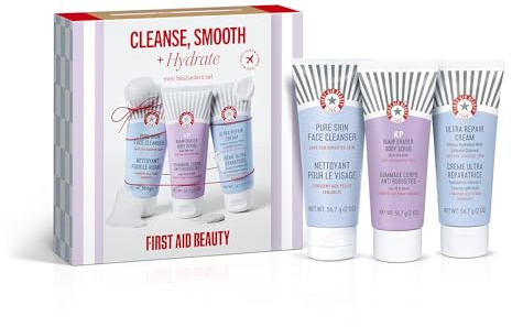 First Aid Beauty Cleanse, Smooth & Hydrate - Mini Best Sellers - 3 Favourites - Pure Skin Face Cleanser | KP Bump Eraser Body Srub with 10% AHA | Ultra Repair Cream, 56.7g