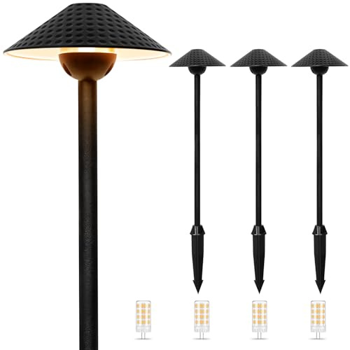 Gardencoin Low Voltage Pathway Lights (6.69'' Shade, 21.54'' Tall) 12V Outdoor LED Landscape Pathway Lighting Aluminum Vintage Hammered Path Lights with 4W 2700K Replaceable Bulb, 4 Pack