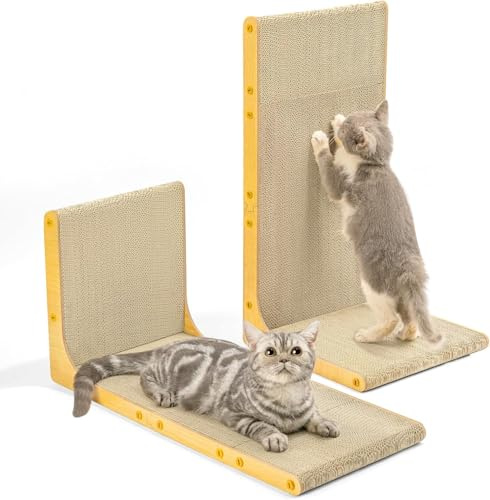 Conlun Graffietto per Gatti, 58 cm Forma a L da Parete, Tiragraffi Verticale, Cartone Resistente per Proteggere i Mobili da Gatti Domestici, Venatura Legno Grande(2 Pack)