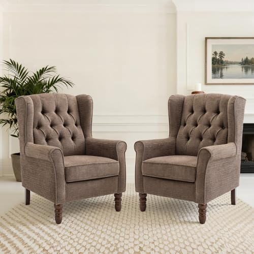 COLAMY Mid-Century Modern Living Room Accent Chair, Button Tufted Wingback with Thick Padded Seat, Upholstered Armchair, Fabric Sofa Arm Chair with Solid Wood Legs for Bedroom/Office/Café,Brown