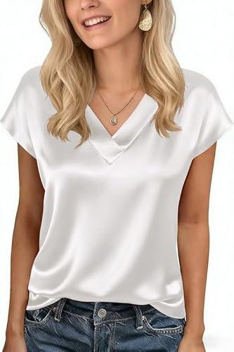 Xiaoliny Chemisier Satin Femme Été Haut Chic et Elegant Casual T-Shirt à Manches Courtes Col V Basiques Tops Couleur Unie Lâche Blouse Soie Chic Chemisiers de Travail Bureau Soirée