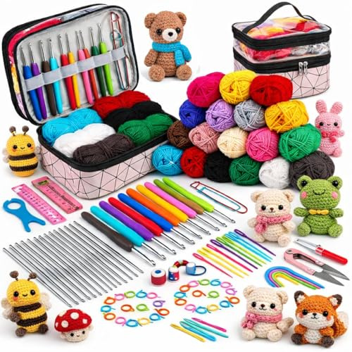 Ganchillos Crochet Kit Principiantes 105 Piezas- Manualidades Adultos Ganchillo Kit Crochet Principiantes Premium- Incluye 18 Ovillos de Lanas, Agujas Crochet, Marcadores, Hilo Crochet, Tijeras...