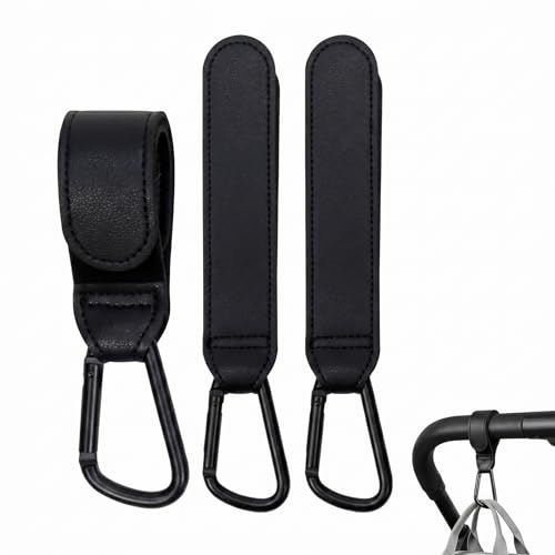 KOHVAN 3Pcs Crochets Poussette Universels, Mousqueton Poussette Robuste en Alliage d'Aluminium, Accessoire Poussette Indispensable pour Suspendre Sac à Langer, Sacs de Course et Organisateur, Noir