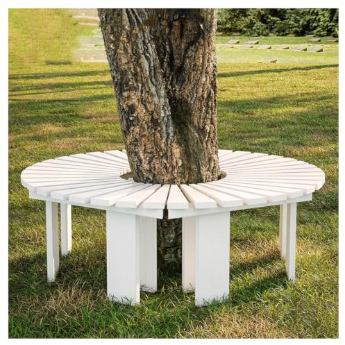 Circular uteplats sittplatser, trä wrap Around trädbänk väderbeständig | Cirkulär uteplats med ram av massivt trä, böjd trädbänk Allvädersställ for växtställ(White)