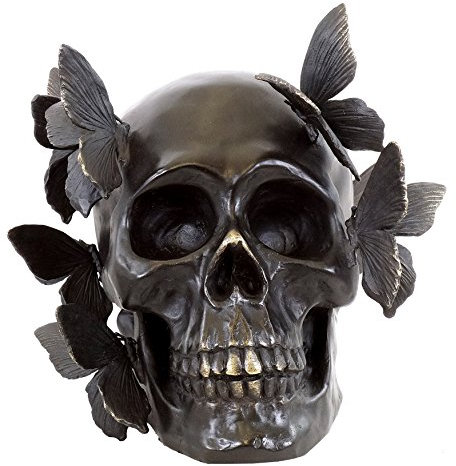 Moderne Kunst Skulptur - Schädel Bronze mit Schmetterlingen - signiert Martin Klein - Bronzefigur - Skull - Tattoo